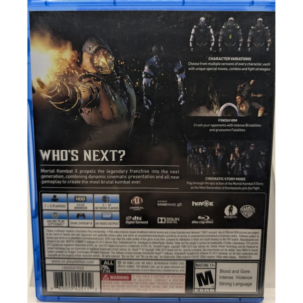 Warner Bros Mortal Kombat X PS4 Game Blue Case Fighting Action Mature ESRB